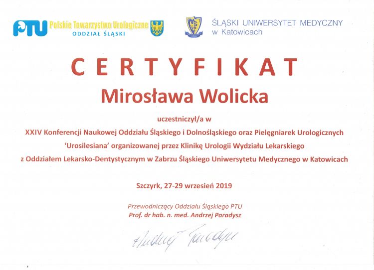 Urosilesiana, XXIV Konferencja Naukowa Oddziału Śląskiego i Dolnośląskiego Polski Towarzystwa Urologicznego i Pielęgniarek Urologicznych . Szczyrk, 27-29.09.2019 r(udział czynny: 