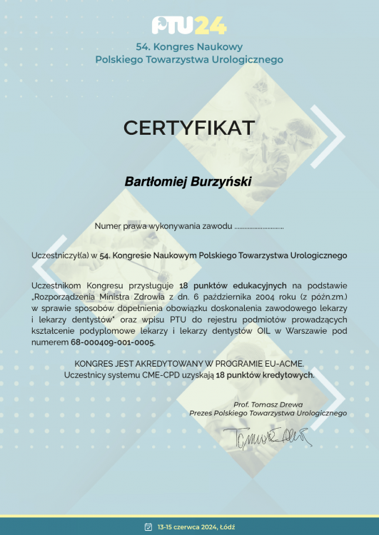 54. Kongres Naukowy Polskiego Towarzystwa Urologicznego (udział czynny: 