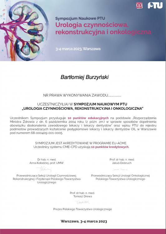 Sympozjum Naukowe PTU - Urologia czynnościowa, rekonstrukcyjna i onkologiczna Warszawa, 3-4.03.2023 r