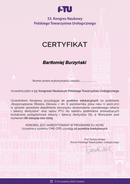 53. Kongres Naukowy Polskiego Towarzystwa Urologicznego Kraków, 11-13.09.2023 r.(udział czynny: 