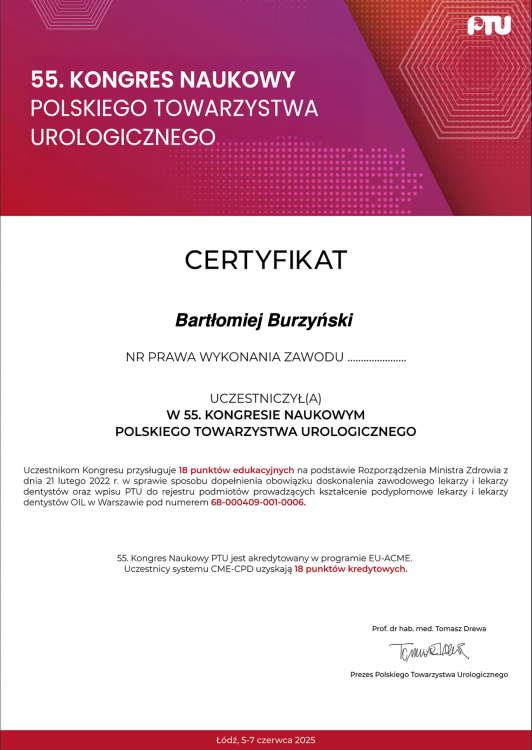 55. Kongres Naukowy Polskiego Towarzystwa Urologicznego (udział czynny: 